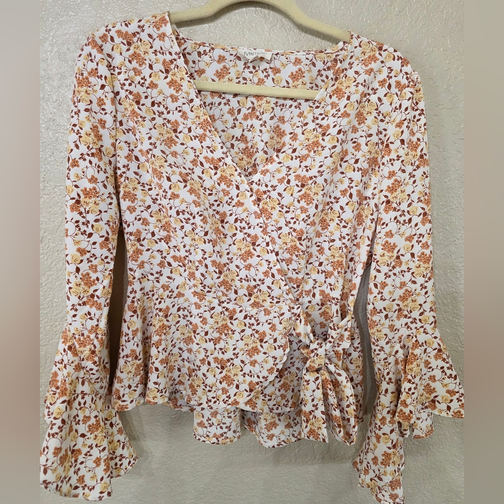 Floral Wrap Blouse with Bell Sleeves